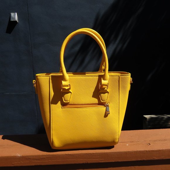 Yellow Leather Tote Handbag with Strap - Picture 2 of 10